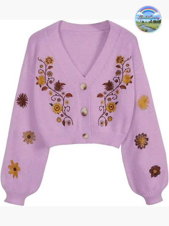 Sweaters - V Neck Floral Embroidered Cardigan Sweater Lantern Sleeve Button Down Crop